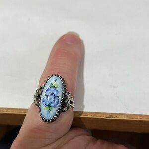 Hand-Painted Blue Floral Porcelain Ring in Silver Setting